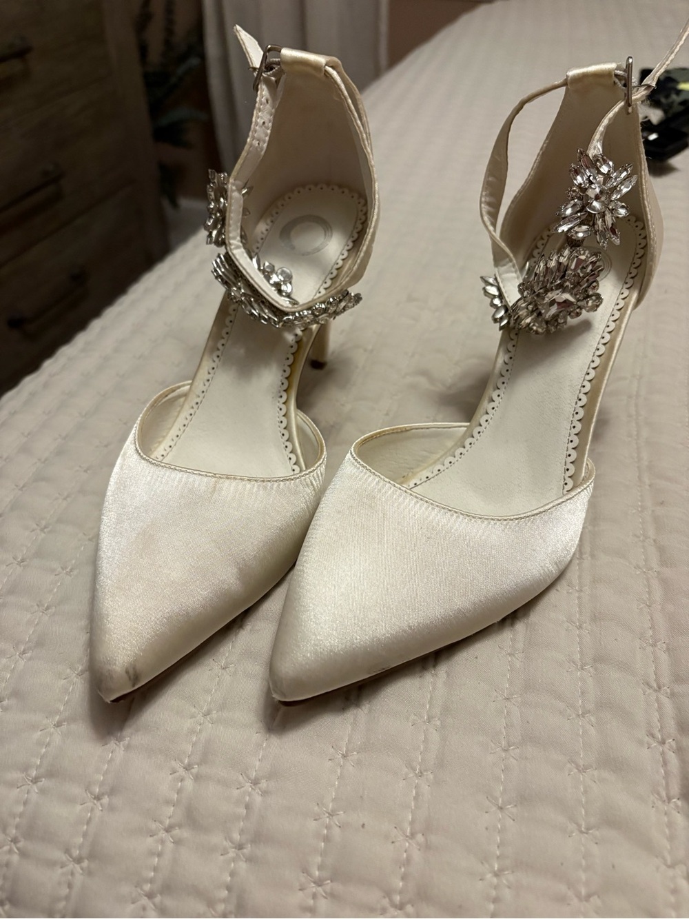 Journee Collection Ivory Satin Pointed Toe Heels with Crystal Ankle Detail